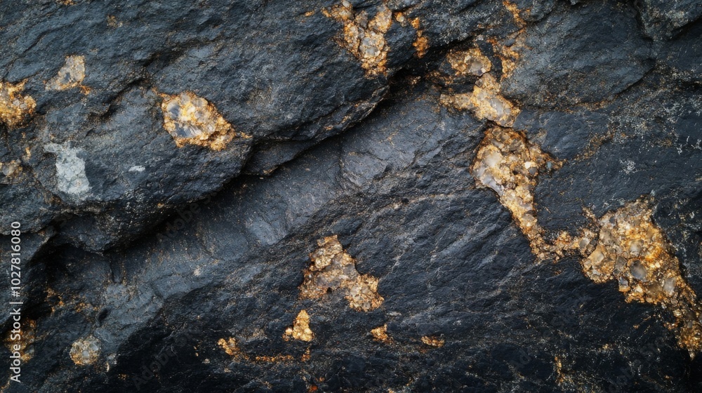 Close-up of a Black Rock with Embedded Crystals Close-up of a Black Rock with Embedded Crystals
