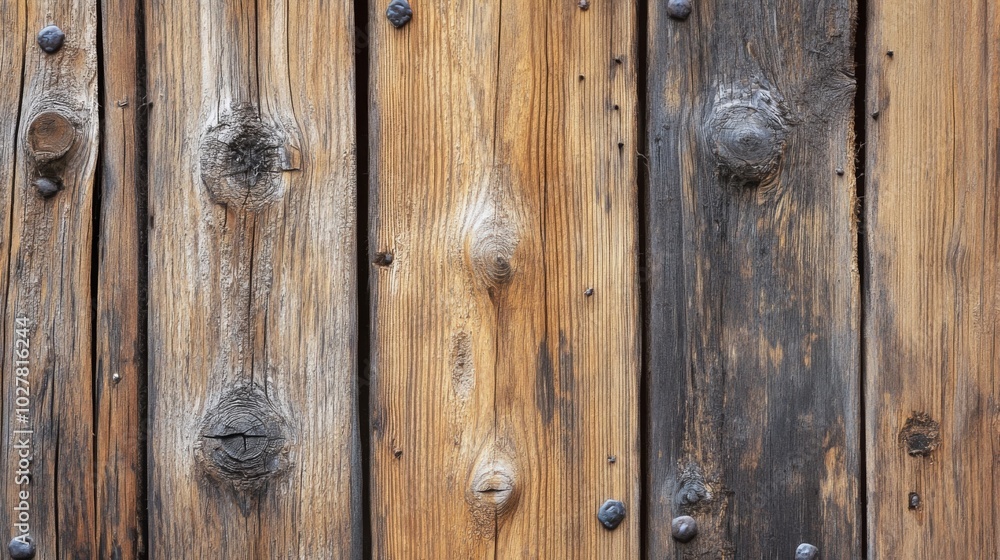 Close-up of Weathered Wooden Planks with Knots and Nails Close-up of Weathered Wooden Planks with Knots and Nails