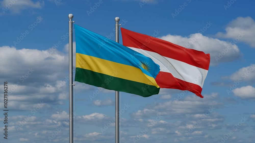 Austria and Rwanda flags flying together, video concept of the relationship, two country relations concept Austria and Rwanda flags flying together, video concept of the relationship, two country relations concept