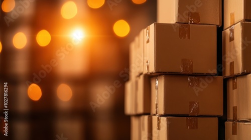 Tall columns of cardboard boxes in a dimly lit warehouse create a sense of organized chaos, highlighted by warm, ambient lighting in the background.