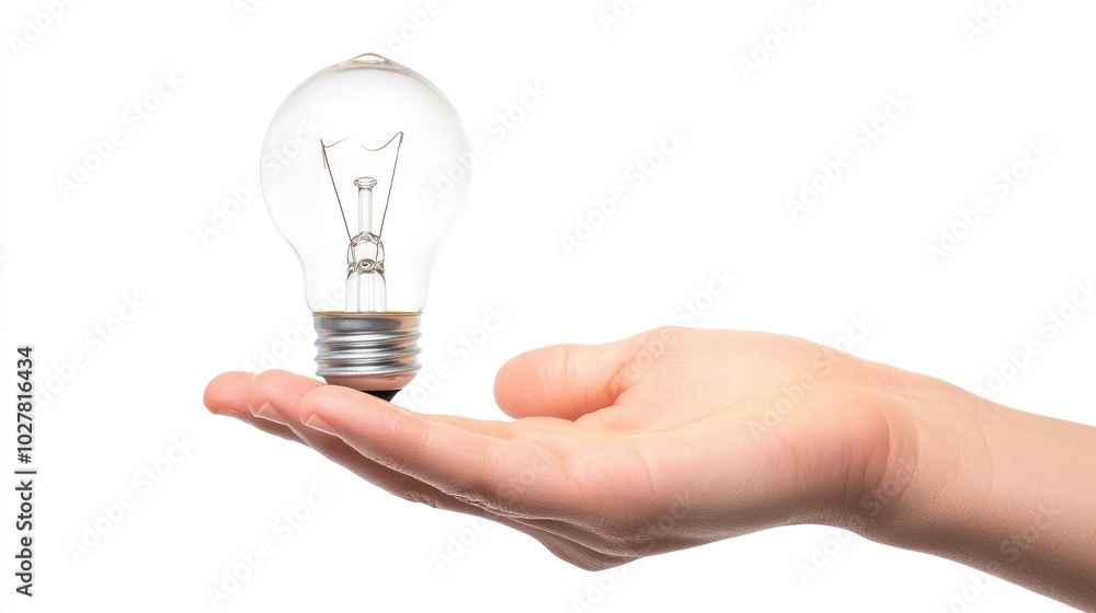 Lightbulb nestled in a hand, representing inspiration, with a clean white background, ideal for text placement Lightbulb nestled in a hand, representing inspiration, with a clean white background, ideal for text placement