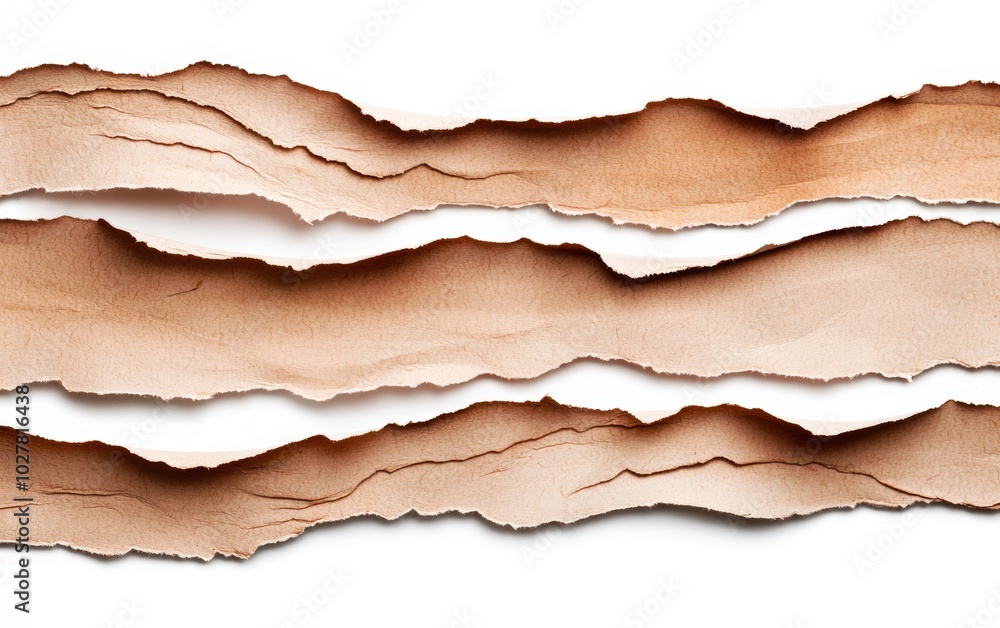 Torn textured paper strips in brown gradient, earthy tones, isolated on white, natural materials, rustic and minimalist style, rough edges, neutral palette Torn textured paper strips in brown gradient, earthy tones, isolated on white, natural materials, rustic and minimalist style, rough edges, neutral palette