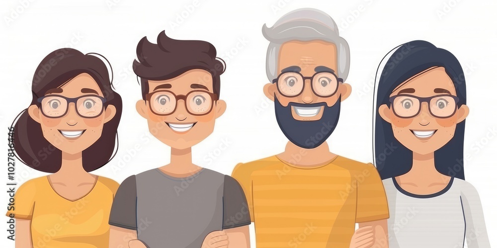 A cheerful family portrait featuring four smiling members with diverse hairstyles and styles A cheerful family portrait featuring four smiling members with diverse hairstyles and styles
