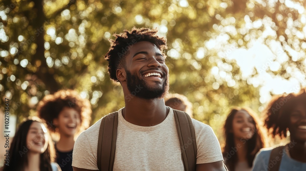 A joyful group of friends laughing together, basking in the sunlight with trees in the background, capturing a moment of happiness and companionship in nature. A joyful group of friends laughing together, basking in the sunlight with trees in the background, capturing a moment of happiness and companionship in nature.