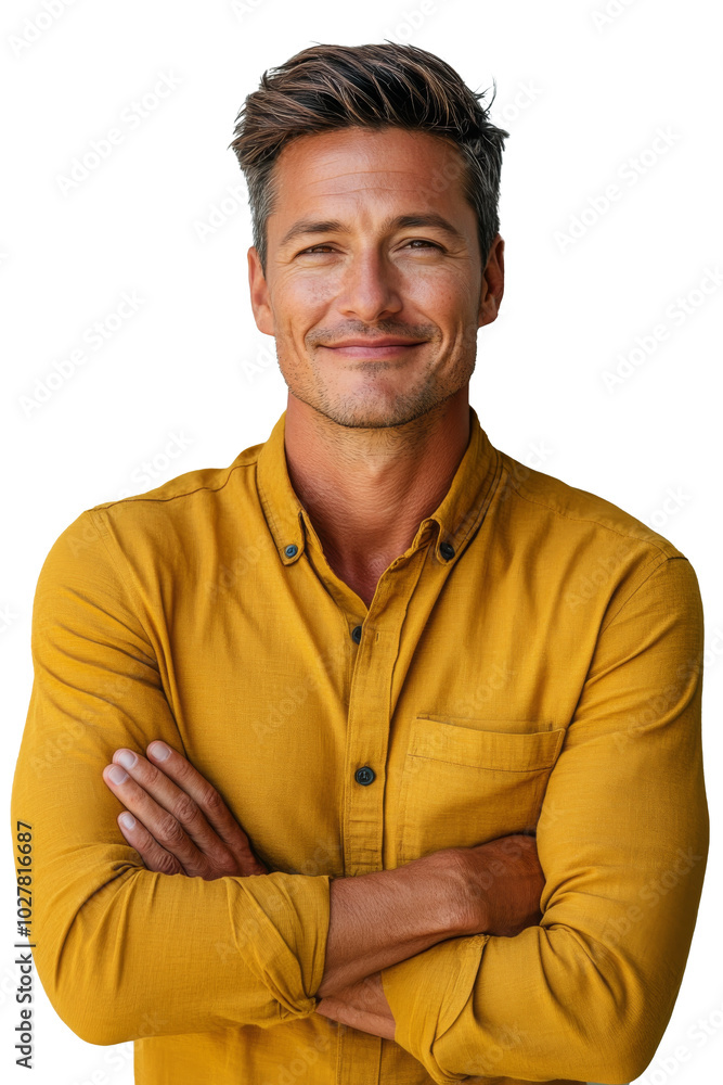 Obraz premium A smiling man with a confident stance showcasing casual style in a minimalist setting