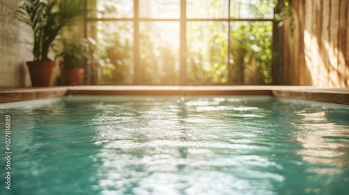 An indoor pool illuminated by sunlight reflects the lush greenery outside large windows, creating an inviting and serene ambiance perfect for relaxation.