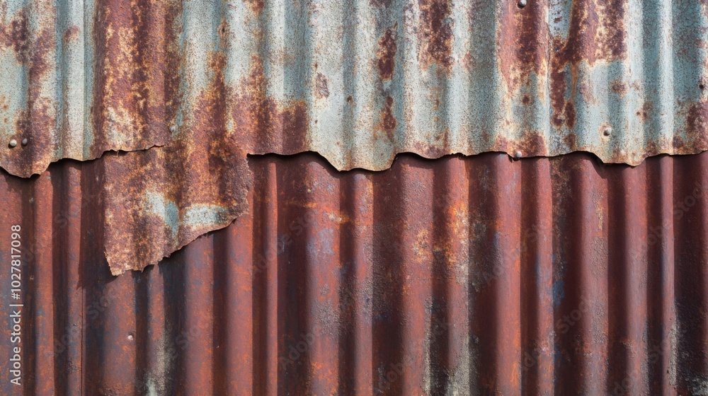 Rusted Corrugated Metal Sheet with Cracks and Faded Paint Rusted Corrugated Metal Sheet with Cracks and Faded Paint