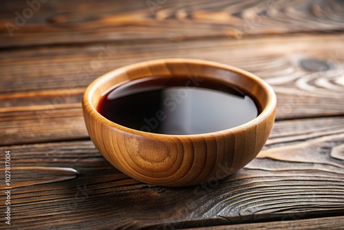 food photography, savory, umami, natural, A tilted angle close up shot of a wooden bowl filled with soy sauce resting on a wooden table creating a rustic and natural aesthetic