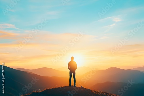 Fototapeta Naklejka Na Ścianę i Meble -  Lone figure silhouetted against beautiful sunset mountain landscape