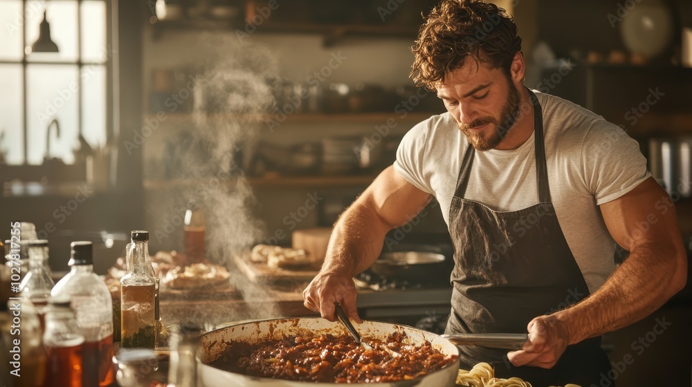 A man with an apron diligently cooks in his kitchen, stirring a pot filled with rich, steaming sauce, surrounded by bottles and cooking ingredients. A man with an apron diligently cooks in his kitchen, stirring a pot filled with rich, steaming sauce, surrounded by bottles and cooking ingredients.