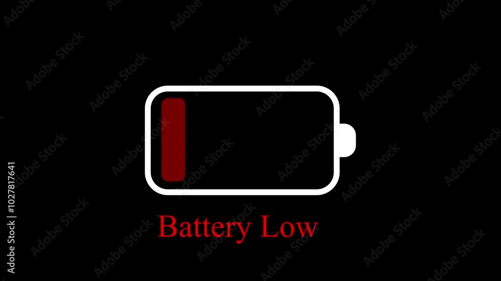 Low battery power showing indicator animation on a black background. Low battery indicator in flat design. Low battery power showing indicator animation on a black background. Low battery indicator in flat design.
