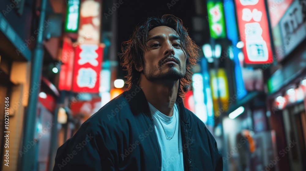 A portrait of a man standing under bright neon signs in a bustling city at night, reflecting urban culture and style, with vivid colors and intense atmosphere. A portrait of a man standing under bright neon signs in a bustling city at night, reflecting urban culture and style, with vivid colors and intense atmosphere.