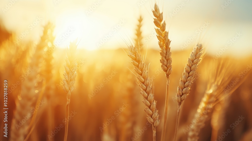 The sunlit wheat heads reach upwards, symbolizing hope and prosperity, bathed in the warm glow of sunset, creating a harmonious scene of rural beauty. The sunlit wheat heads reach upwards, symbolizing hope and prosperity, bathed in the warm glow of sunset, creating a harmonious scene of rural beauty.