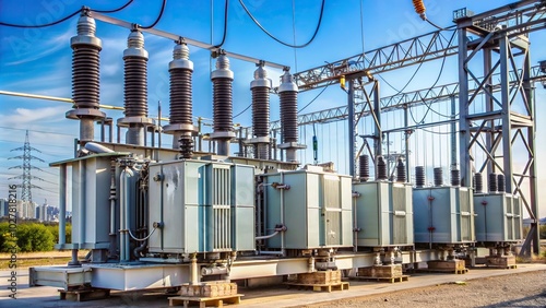 electrical grid, electricity transmission, substation, infrastructure, electrical substation, A close up view of a high voltage power transformer substation at eye level