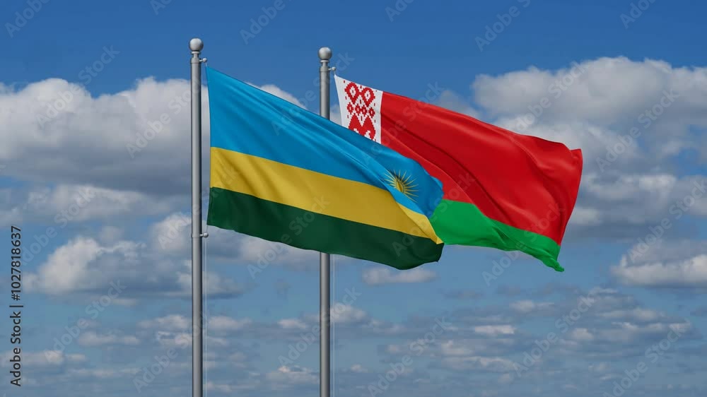 Belarus and Rwanda flags flying together, video concept of the relationship, two country cooperation concept Belarus and Rwanda flags flying together, video concept of the relationship, two country cooperation concept