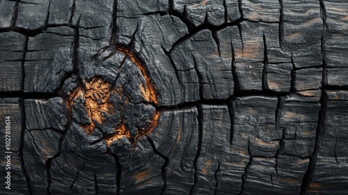 Close-up of a charred wood surface with a knot revealing a lighter colored inner layer. photo