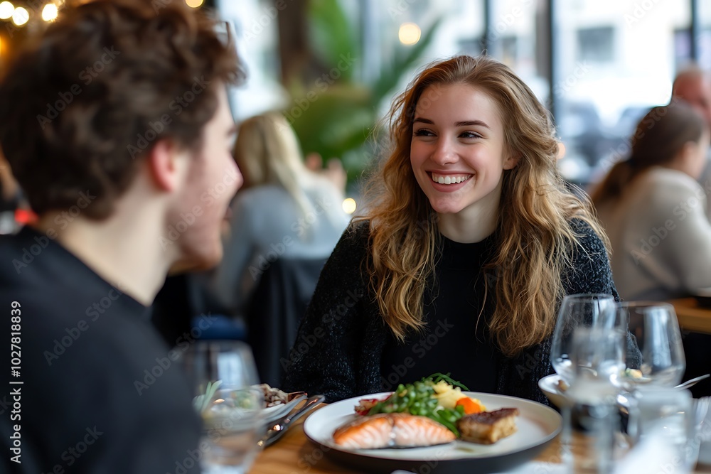 A cafe lunch with a young couple, fish fillet and vegetables on their plates, smiling and interacting, contemporary interior, other patrons dining, bright and inviting ambiance A cafe lunch with a young couple, fish fillet and vegetables on their plates, smiling and interacting, contemporary interior, other patrons dining, bright and inviting ambiance