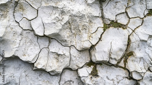 Cracked and Weathered White Rock Surface with Green Moss