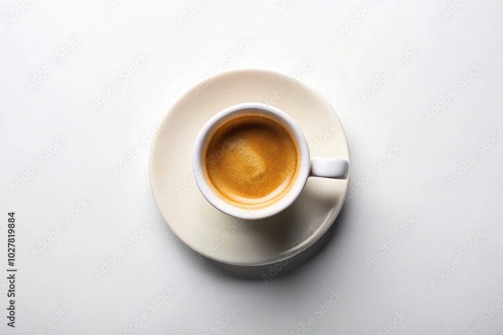 Espresso cup on white background flat lay shot from above with leading lines Espresso cup on white background flat lay shot from above with leading lines
