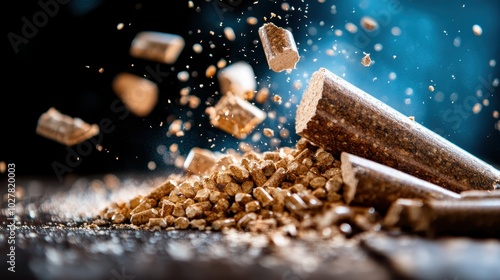 Exploding in motion, wood pellets visually capture the dynamic burst of renewable energy potential, embodying innovation, sustainability, and the eco-conscious evolution. photo