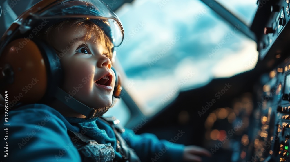 A joyful child with a broad smile, clad in a headset, is seated in an airplane cockpit, expressing immense excitement and happiness at the experience. A joyful child with a broad smile, clad in a headset, is seated in an airplane cockpit, expressing immense excitement and happiness at the experience.