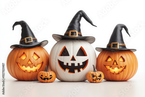 Halloween pumpkins with carved faces, one wearing a witch hat, surrounded by bats and leaves isolated on a white background. Concept of Halloween celebration