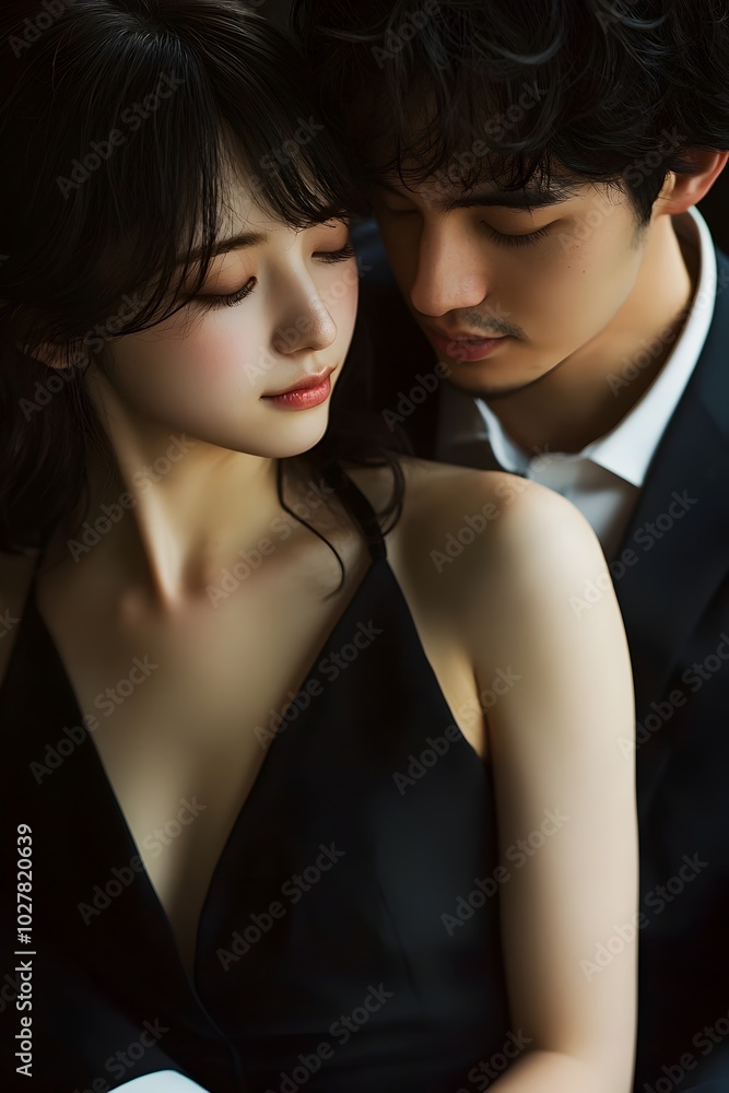 Intimate moment between a stylish Japanese couple in formal attire conveying romance and connection Intimate moment between a stylish Japanese couple in formal attire conveying romance and connection