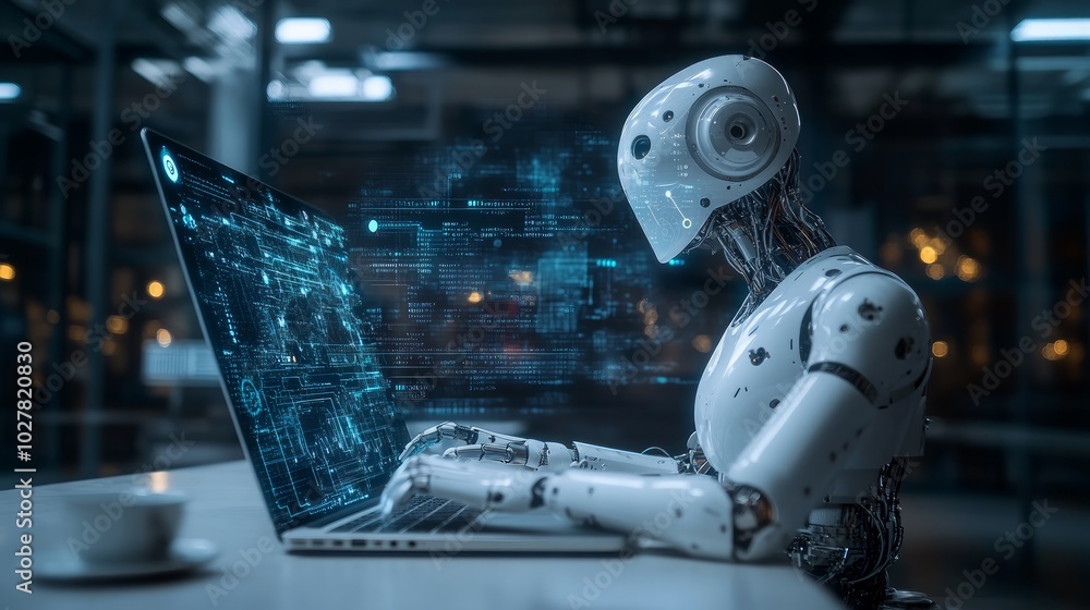 Fototapeta premium A humanoid robot typing on a laptop, surrounded by digital data visuals.