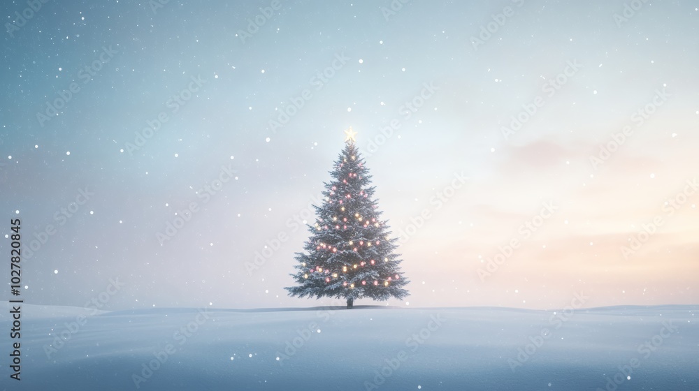 Lone Christmas tree in a snow-covered landscape with glowing lights and a pastel sky. Perfect for peaceful holiday greeting cards. Lone Christmas tree in a snow-covered landscape with glowing lights and a pastel sky. Perfect for peaceful holiday greeting cards.