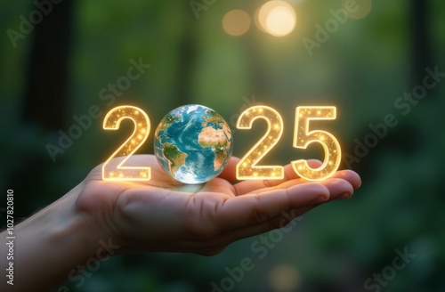 Planet Earth in 2025 Earth Day, new Year, nature, ecology, green and eco friendly theme,environmental awareness, ecosystem, save our planet, future, recycle, protect life, renewable world.