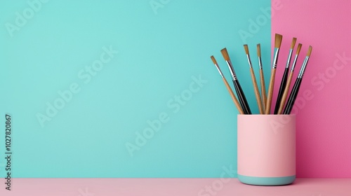 Art supplies in colorful holder on desk photo