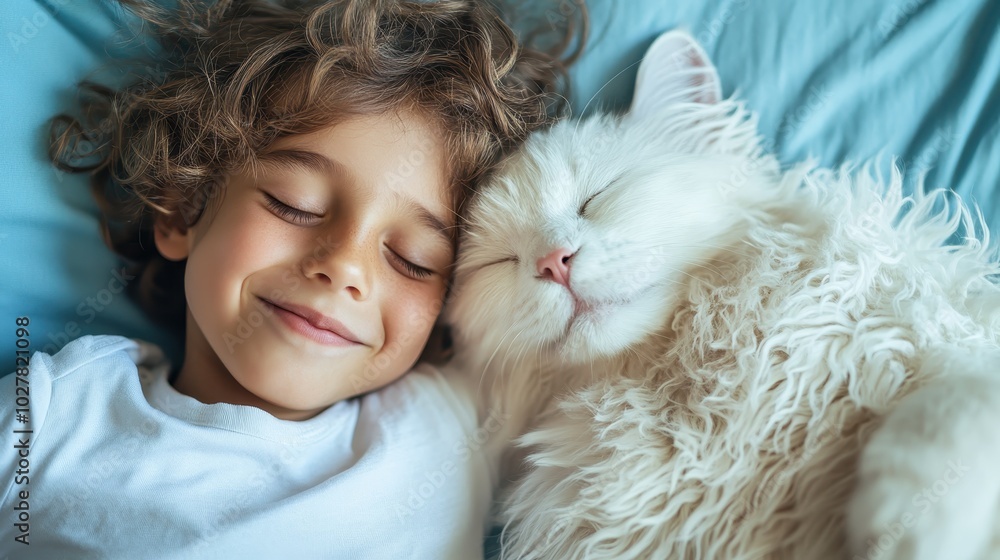 A young child and fluffy white cat rest side by side on a blue blanket, both with serene expressions. Captures innocence and companionship perfectly. A young child and fluffy white cat rest side by side on a blue blanket, both with serene expressions. Captures innocence and companionship perfectly.