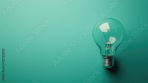 Minimalist lightbulb on a smooth green background, ample copy space for text