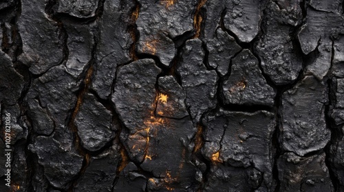 Close-up of Charred Tree Bark with Cracks and Yellow Highlights