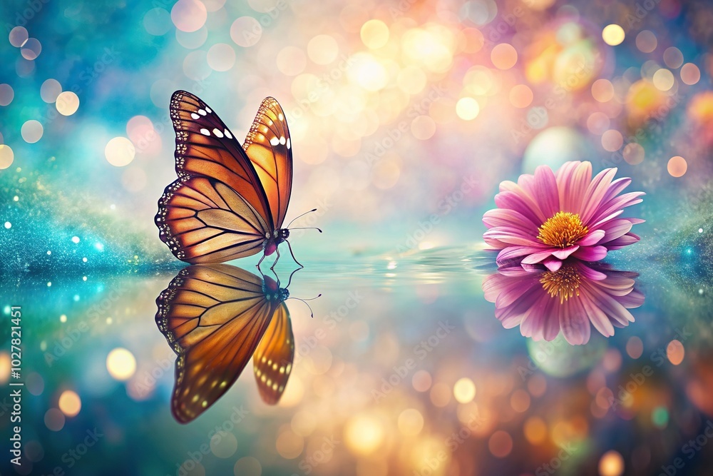 shimmering, delicate, flower, vibrant, abstract, reflected, background, Abstract retro background featuring a vibrant butterfly and a delicate flower reflected in a shimmering surface shimmering, delicate, flower, vibrant, abstract, reflected, background, Abstract retro background featuring a vibrant butterfly and a delicate flower reflected in a shimmering surface
