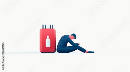 A stylized illustration of a person sitting next to a wine bottle, symbolizing emotional struggles with alcohol addiction. photo