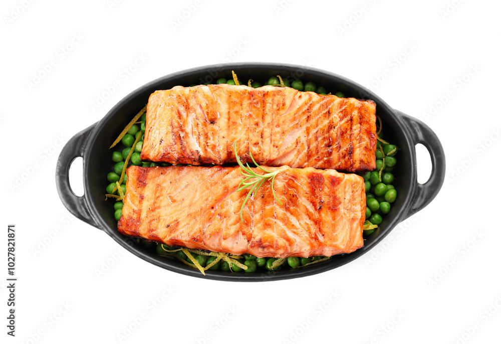 Delicious grilled salmon fillets with rosemary and green peas in baking dish isolated on white, top view Delicious grilled salmon fillets with rosemary and green peas in baking dish isolated on white, top view