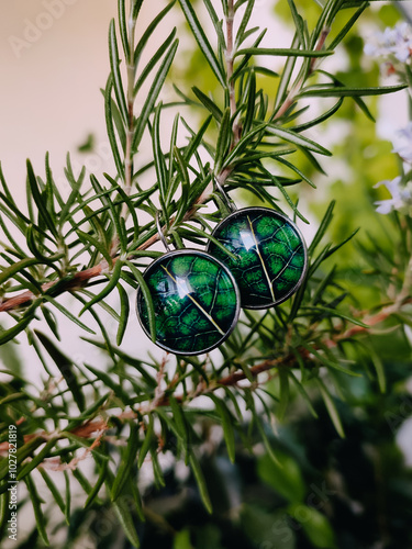 Handmade resin earrings real green leaves encased in a transparent finish at green rosemary branch. Leverback hooks, secure wear, nature-inspired jewelry collection, handcrafted jewellery, accessory photo