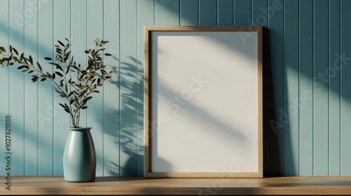 Blank frame with vase on wooden table