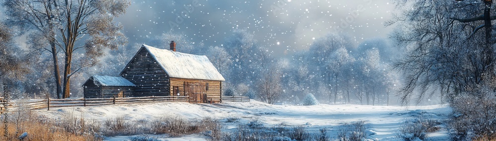 Cozy Wooden Cabin in a Snowy Winter Landscape with Falling Snowflakes and Frosty Trees Under a Cloudy Sky Cozy Wooden Cabin in a Snowy Winter Landscape with Falling Snowflakes and Frosty Trees Under a Cloudy Sky
