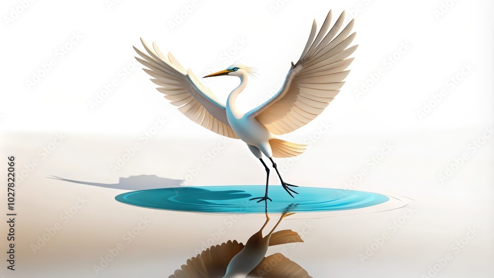 Obraz premium A White Egret With Wings Spread Stands on a Blue Pool