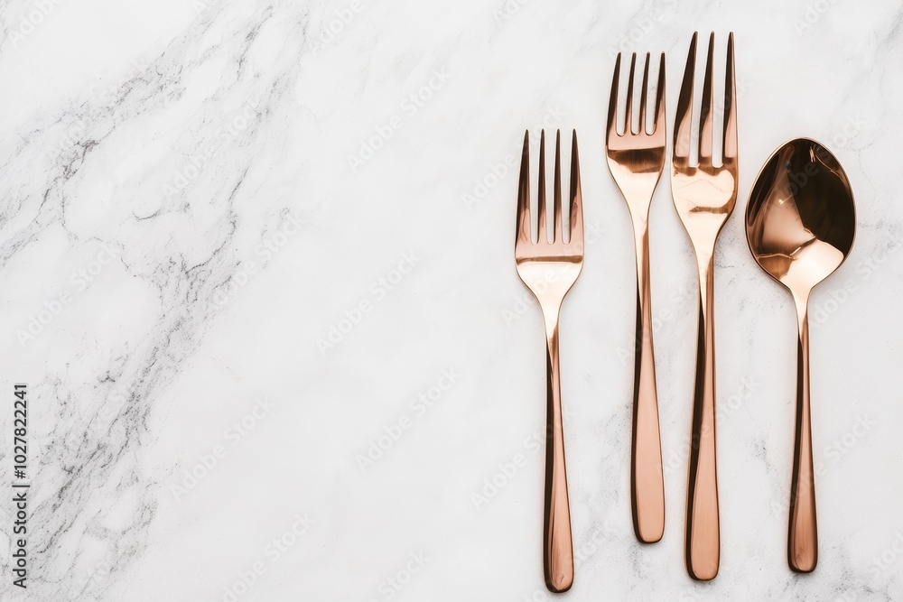 Shiny rose gold utensils neatly arranged on a marble surface, showcasing a luxurious and sophisticated flatware set Shiny rose gold utensils neatly arranged on a marble surface, showcasing a luxurious and sophisticated flatware set