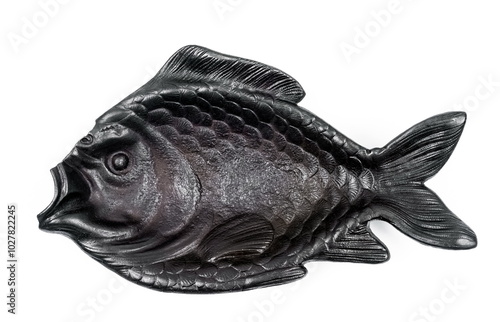 Purchased (consumer) ashtrays in the form of cast iron fish close-up on a white background