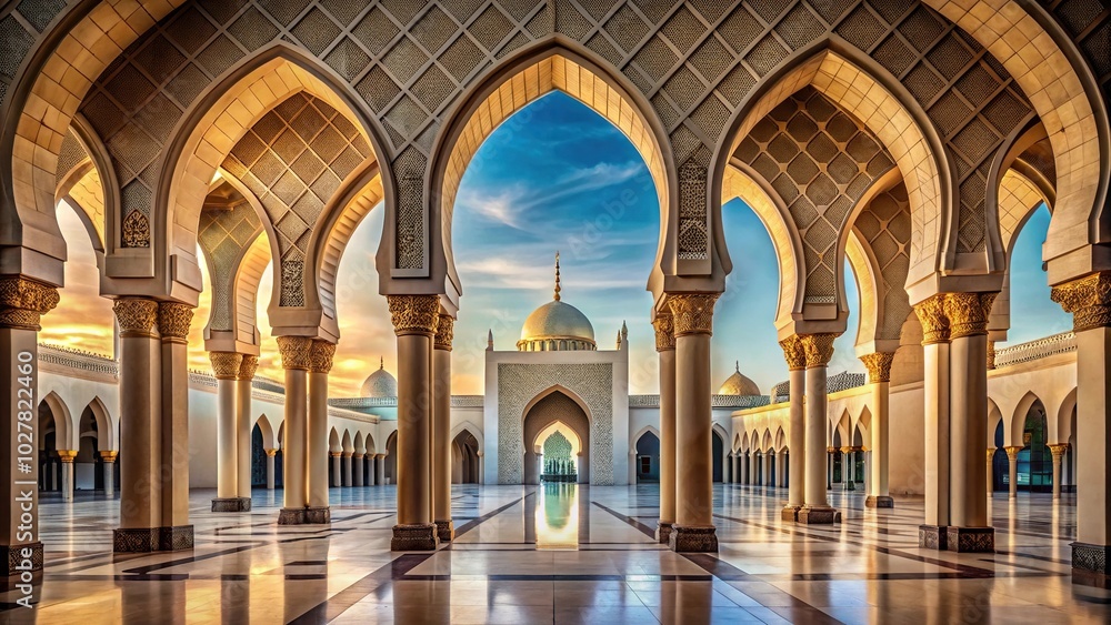 Entrance to a mosque resembling arches of a castle in a panoramic view Entrance to a mosque resembling arches of a castle in a panoramic view