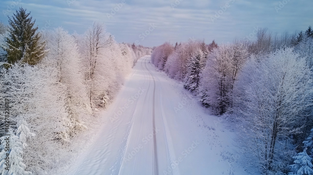 Aerial View of Snow Covered Road in Forest During Winter Aerial View of Snow Covered Road in Forest During Winter