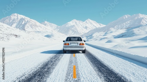 Car driving on snowy road with mountains in the background, clear blue sky.