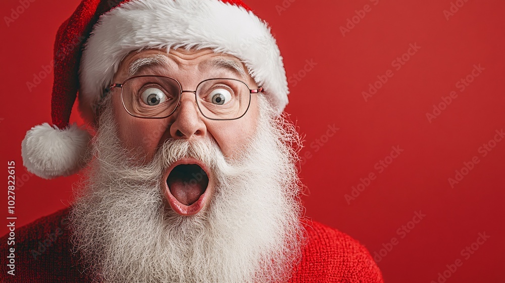 Surprised Santa Claus with Wide Eyes and Open Mouth on Red Background Celebrating Christmas Holiday Season Surprised Santa Claus with Wide Eyes and Open Mouth on Red Background Celebrating Christmas Holiday Season
