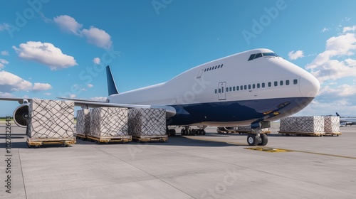 Cargo airplane on runway, white isolate background