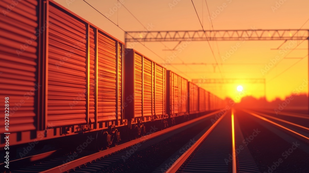 Naklejka premium Cargo train silhouetted against sunset