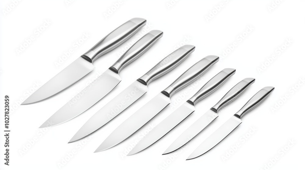 Stainless steel knife set, perfectly arranged with sharp, polished blades, isolated on white, showcasing minimalist kitchen elegance Stainless steel knife set, perfectly arranged with sharp, polished blades, isolated on white, showcasing minimalist kitchen elegance